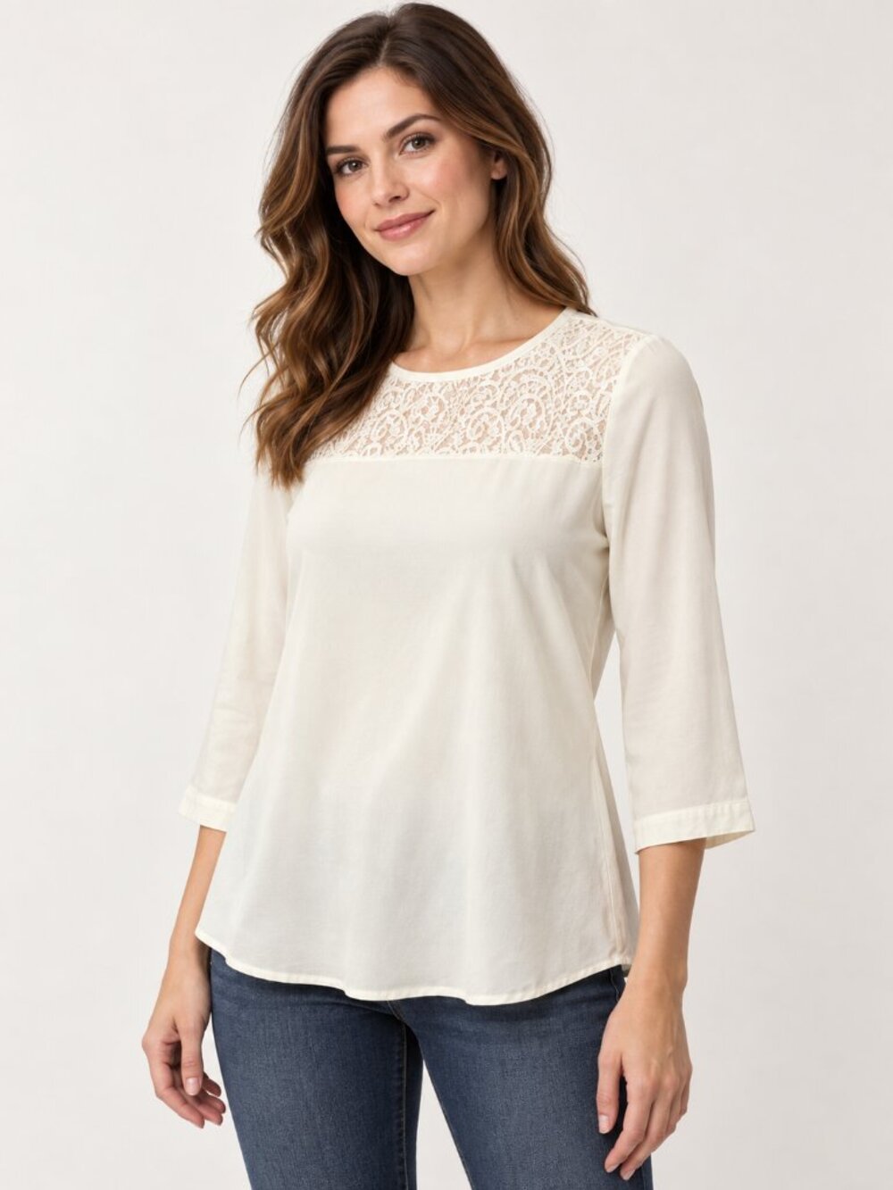 Van Heusen Small Petite Ivory Lace Yoke 3/4 Sleeve Blouse Romantic Top